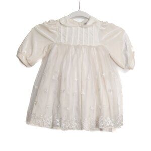 Vintage Style Size M Ivory Baby Girl Dress W/ Floral Embroidery & Bow Long Sleev